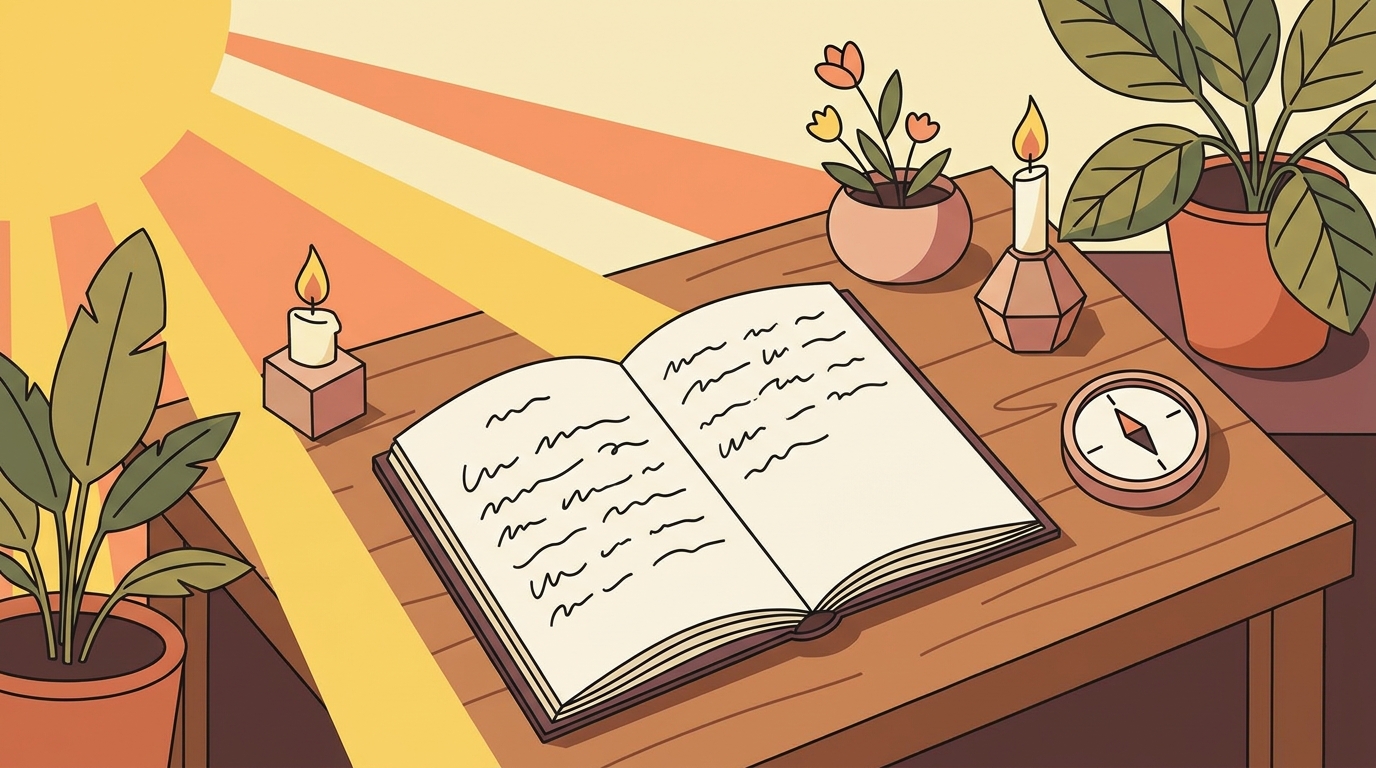 Notebook with written intentions and symbolic objects on desk.