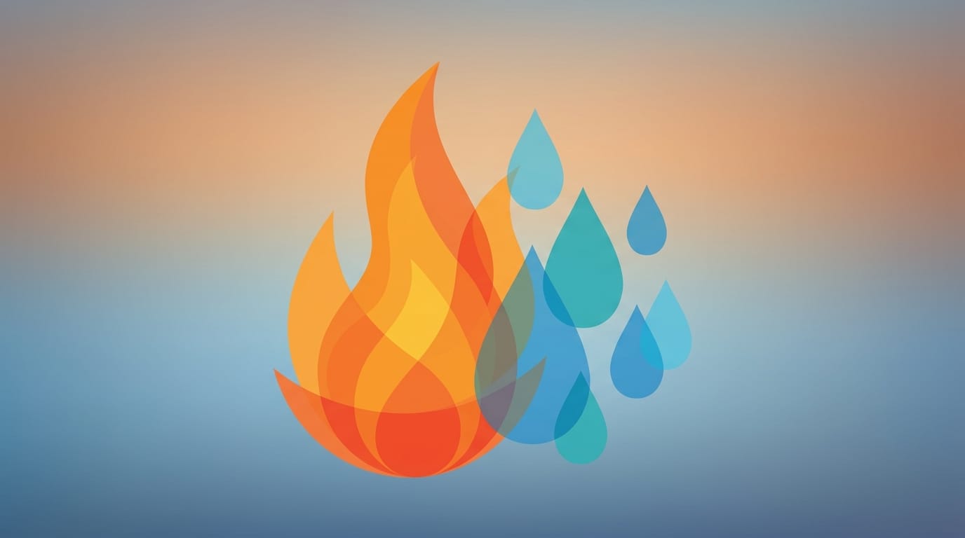 Fire and water elements merging and separating.