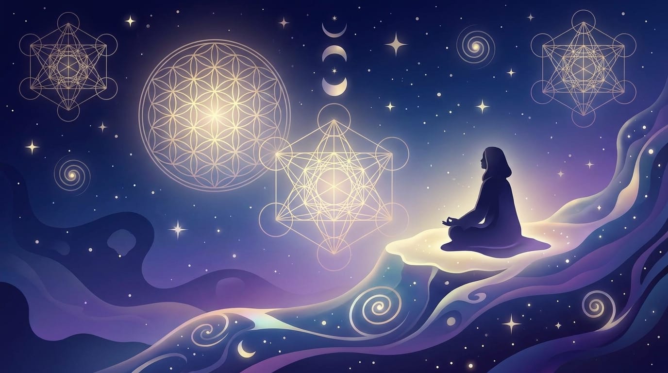 Meditating figure surrounded by luminous sacred geometry and stars.