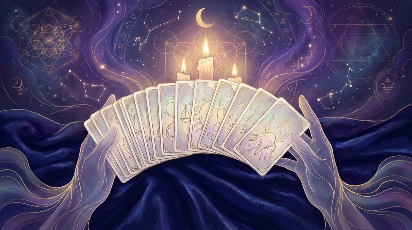 Tarot deck spread in arc on velvet surface, candlelit.