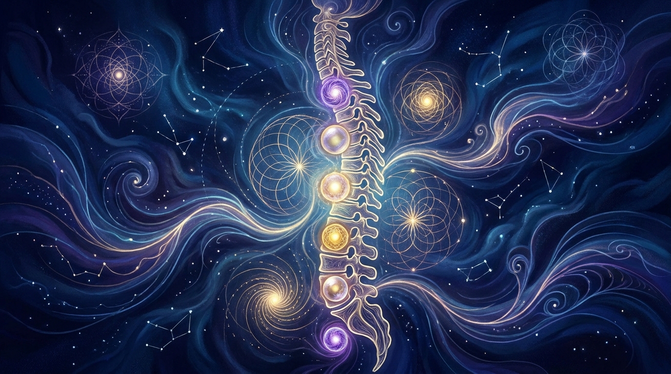 Seven glowing chakra points aligned along the spine.