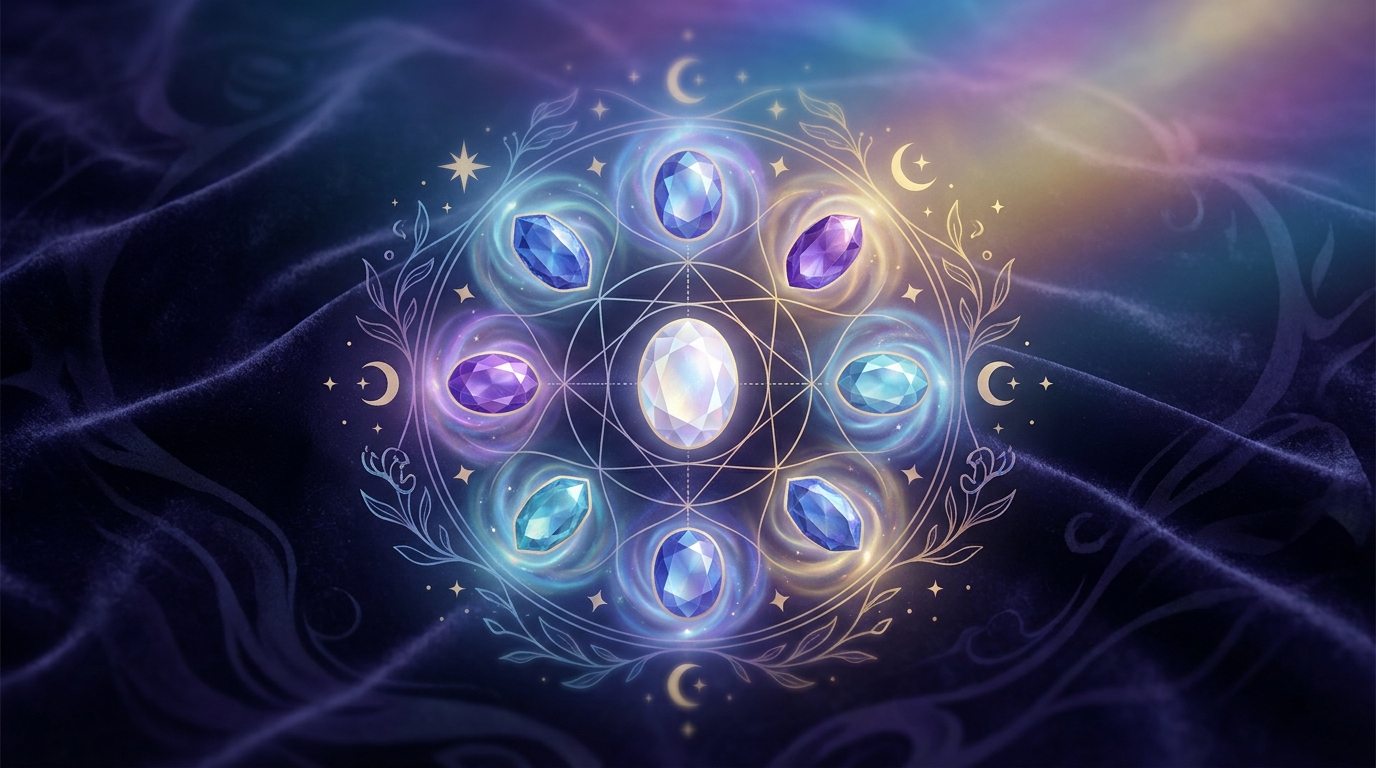 Nine Vedic navaratna gemstones arranged in sacred mandala pattern.