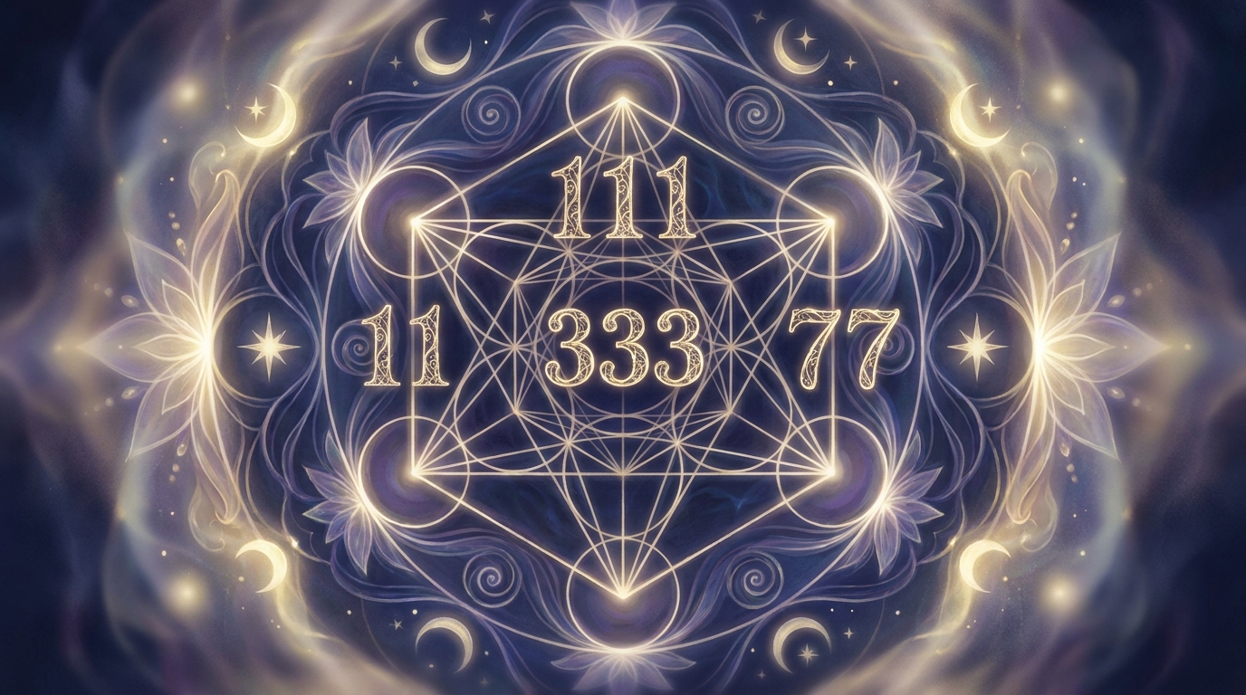 Sacred geometry mandala glowing with repeating angel number sequences.
