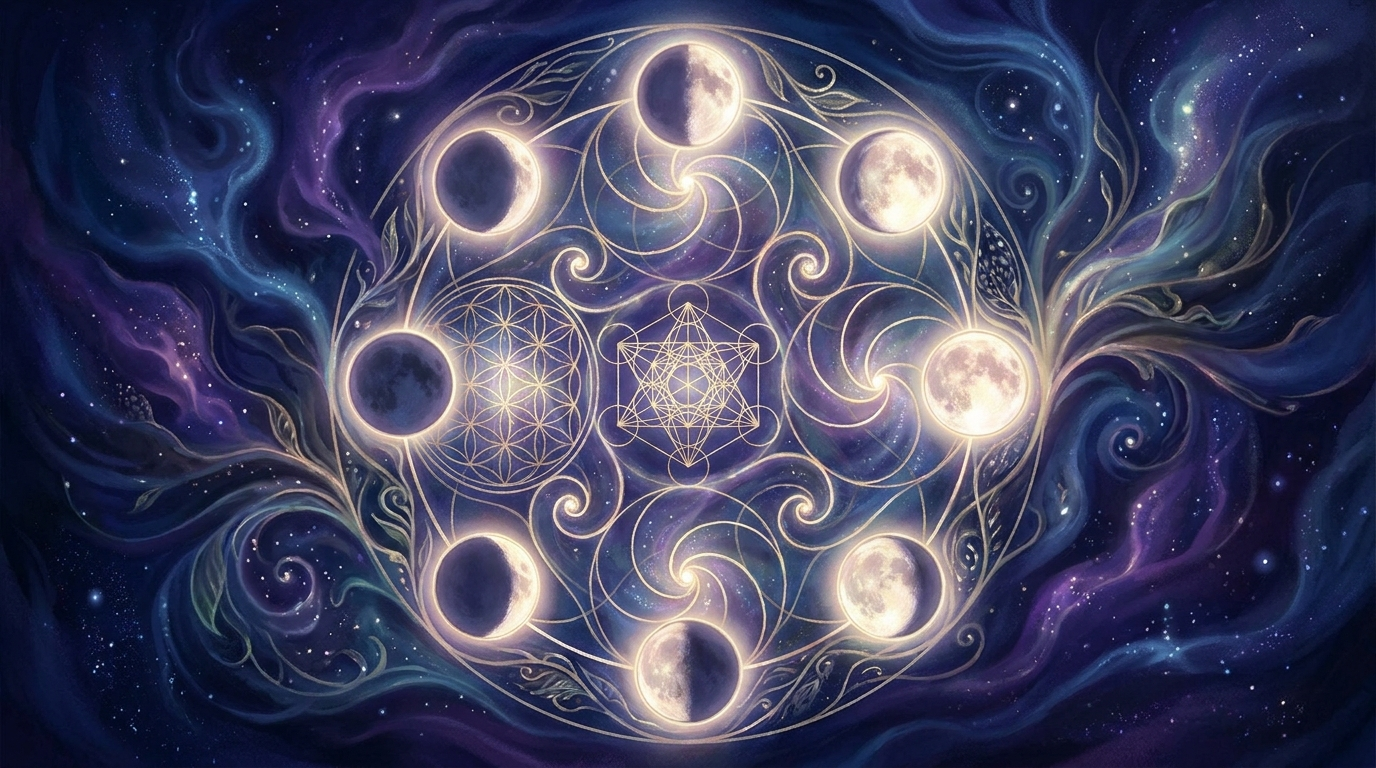Eight glowing moon phases arranged in a sacred geometry mandala.