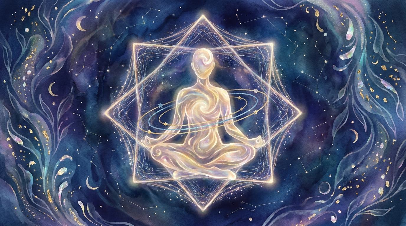 Luminous figure centered within a glowing celestial octagram symbol.