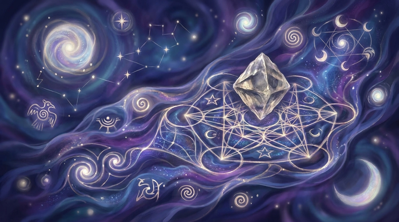Diamond gemstone glowing on ancient sacred geometry mandala.