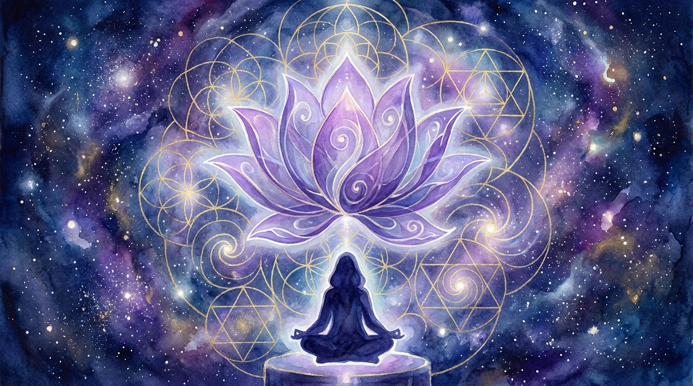 Meditating figure beneath radiant violet lotus and sacred geometry.